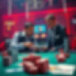 Poker Heist Planning A dealer and a player discussing plans at a poker table, with stacks of chips and cards around them