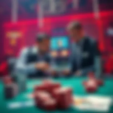 Poker Heist Planning A dealer and a player discussing plans at a poker table, with stacks of chips and cards around them
