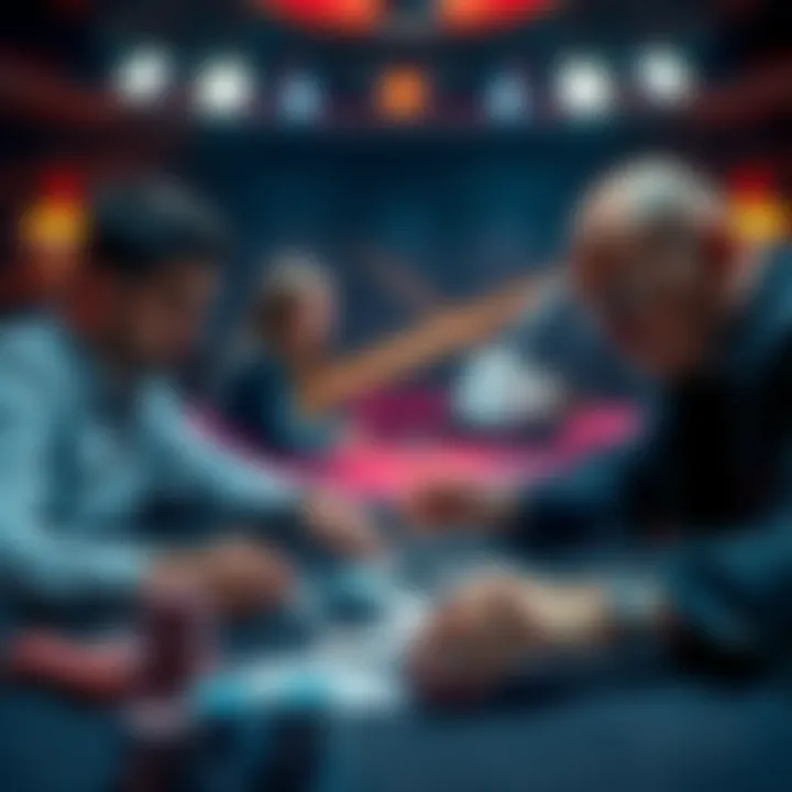 Two poker players intensely focus on a high-stakes game, analyzing their cards and the table, with chips stacked and a tense atmosphere.