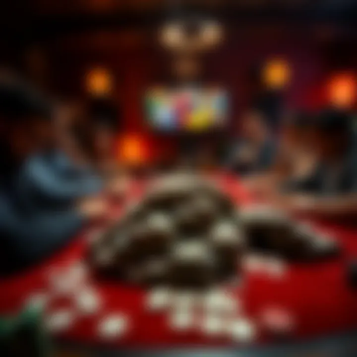 A tense moment in a home poker game where cash is piled on the table, indicating a large bet.