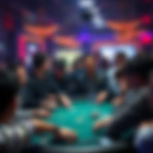 A poker player engaging with fans while playing at a crowded poker table, showcasing their unique style and strategy
