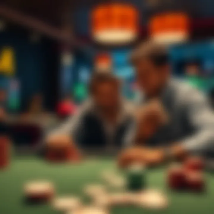 A beginner at a poker table studying cards and a strategy guide, showing enthusiasm for learning the game.