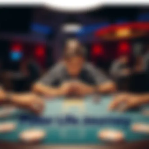 A person sitting at a poker table, focused on their cards, surrounded by chips and other players, capturing the intensity of the game and the environment.