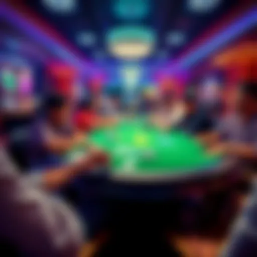 A lively poker table at a casino with players focused on their cards and chips in hand