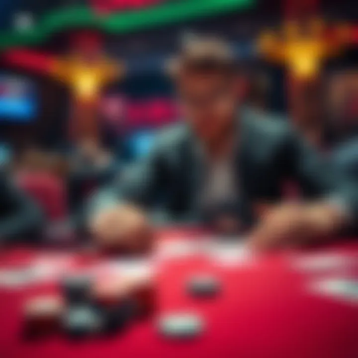 A player analyzing poker odds and strategies at a table, focusing on cards and chips
