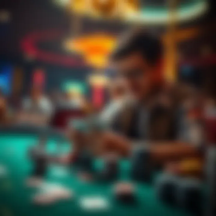 Poker Newbie at the Table A new poker player focused on their cards at a casino table, with chips and cards spread out, showing excitement and concentration.