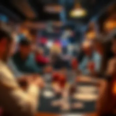A lively poker game in a cozy venue, players focused on their cards and chips, with drinks and food in the background.