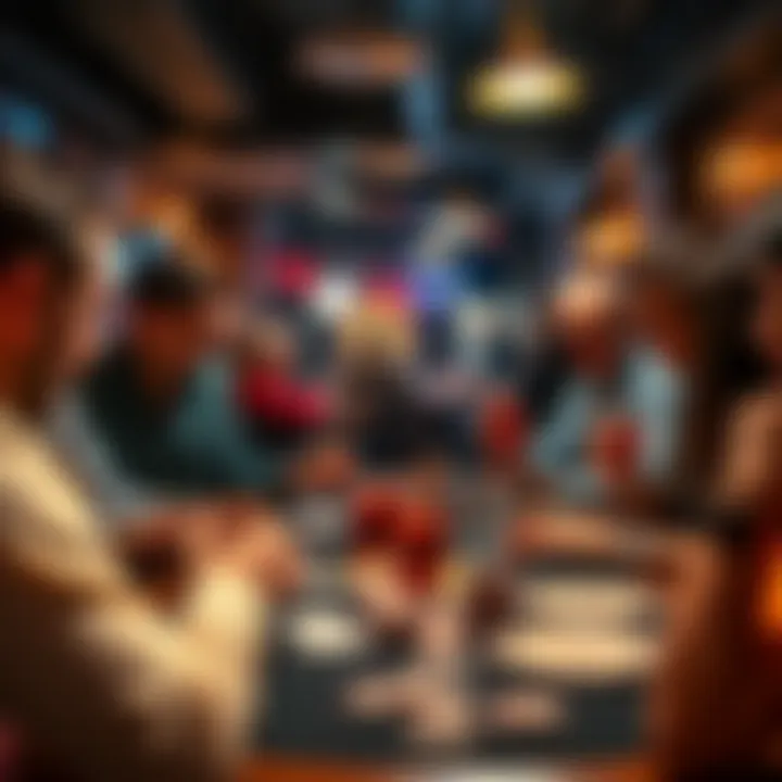 A lively poker game in a cozy venue, players focused on their cards and chips, with drinks and food in the background.