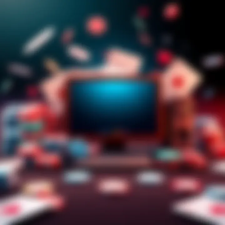 Illustration showing various poker elements, including cards, chips, and a computer representing online gaming, with a timeline from 1998 to present.