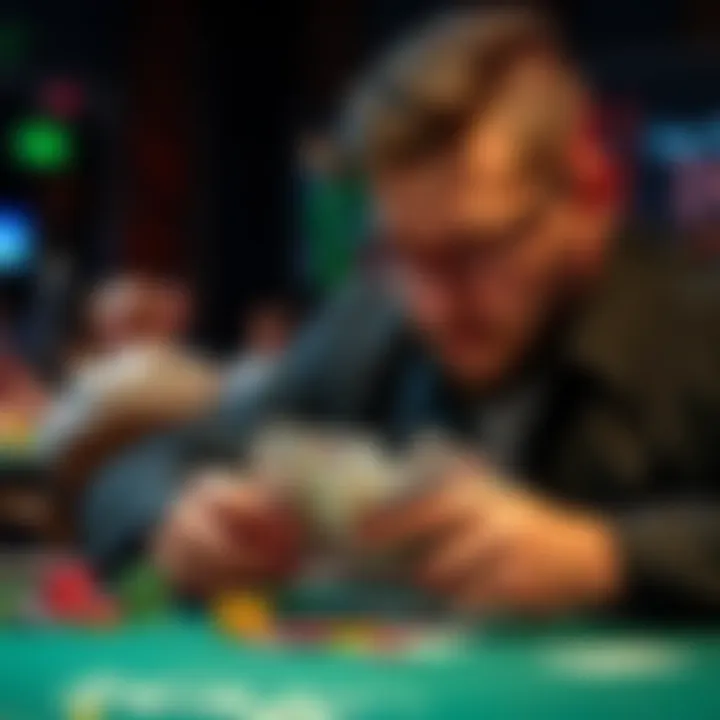 A poker player thoughtfully examining their chips and cards, focusing on improving their ICM strategy during a game.