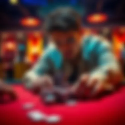A focused poker player pushes all their chips into the center of the table during a game, showing determination and strategy.