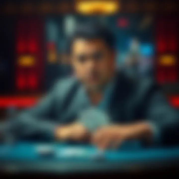 A poker player with a focused expression considers going all in with AKo during a tense game situation. The table is set with chips and cards visible, highlighting the strategic moment.