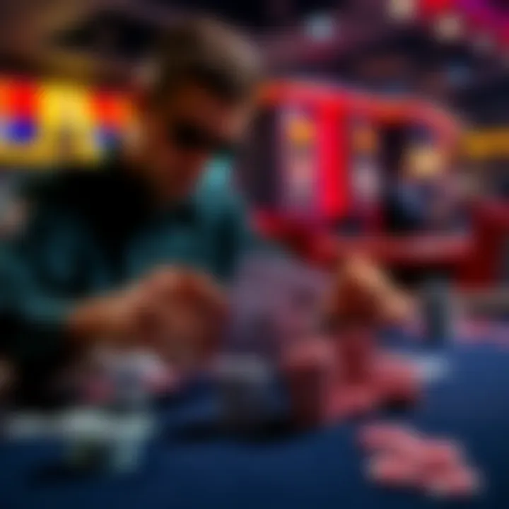 A poker player at a table examining their cards and chips while considering a bluffing strategy during a live game.