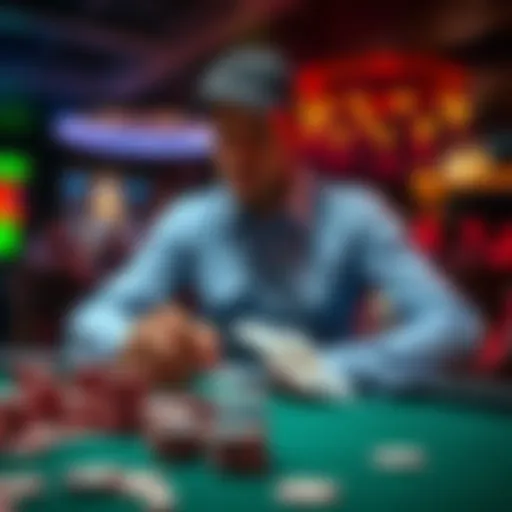 A poker player sits at a table, studying their chips and cards, symbolizing the importance of bar height in strategy during a game.