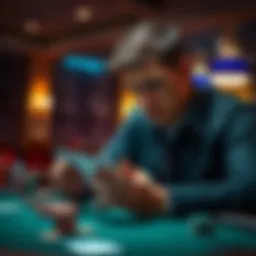 A poker player looking at cards and chips, contemplating their strategy at the table