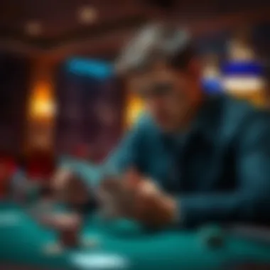 A poker player looking at cards and chips, contemplating their strategy at the table