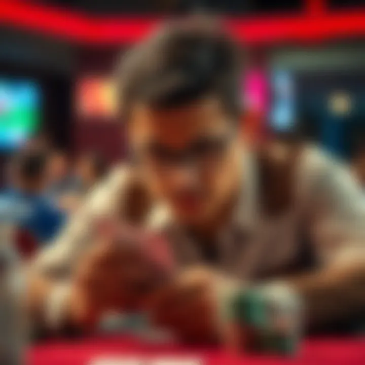 A poker player studying their cards and expression during a tournament, reflecting on a bad bluff move