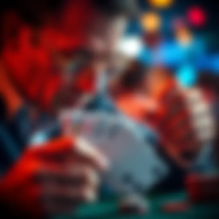 A poker player looking closely at their hand of cards with a focused expression, considering their next move.