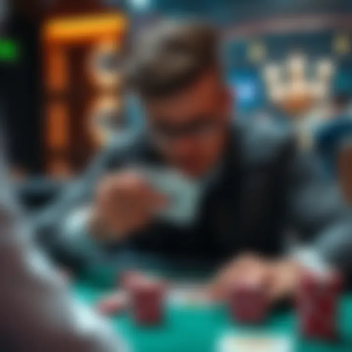 A poker player focused on their cards at a table, considering strategies for post-flop play.