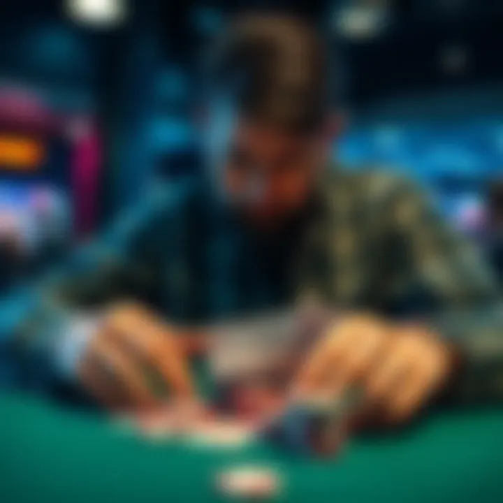 A focused poker player examines their chips and cards, contemplating their strategy against a potential set at a microstakes table