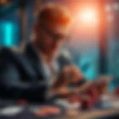 A focused poker player reviewing their game strategy, highlighting mistakes, with poker chips and cards on a table.