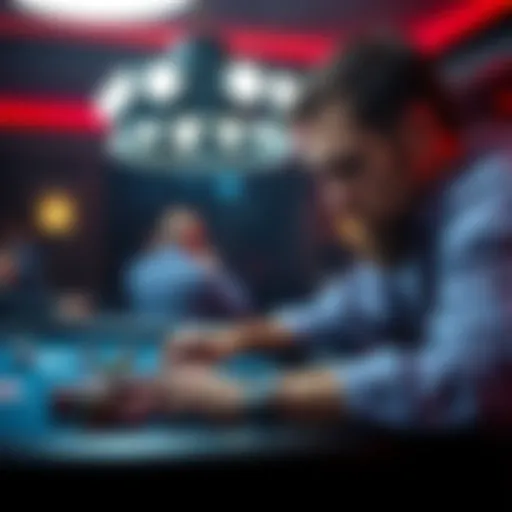 A focused poker player contemplating their next move at a game table, chips and cards in front of them.