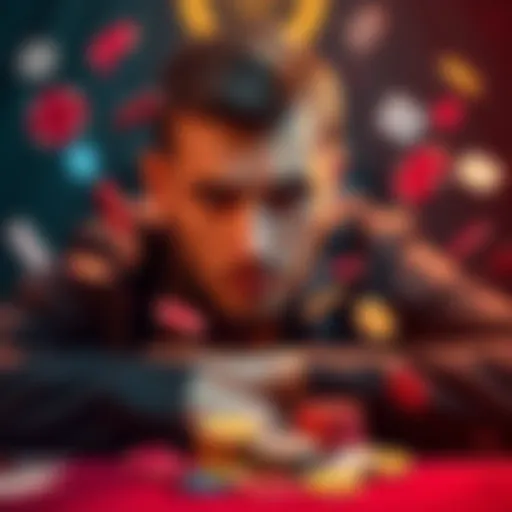 A professional poker player surrounded by poker chips and cards, looking frustrated after being banned from gaming platforms due to accusations.