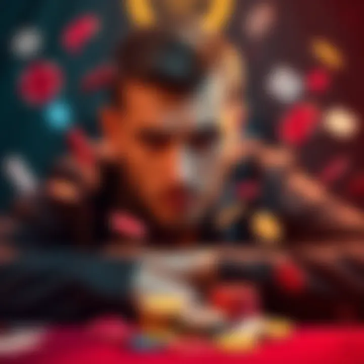 A professional poker player surrounded by poker chips and cards, looking frustrated after being banned from gaming platforms due to accusations.