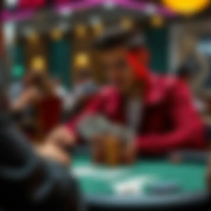 A poker player sits at a table, looking thoughtfully at their cards while an opponent makes a big bet across from them.