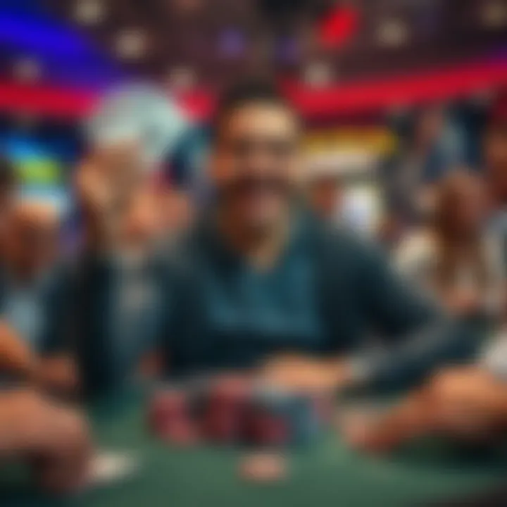 A poker player with a joyful expression holds up a winning hand of cards while sitting at a poker table, surrounded by chips and excited players.