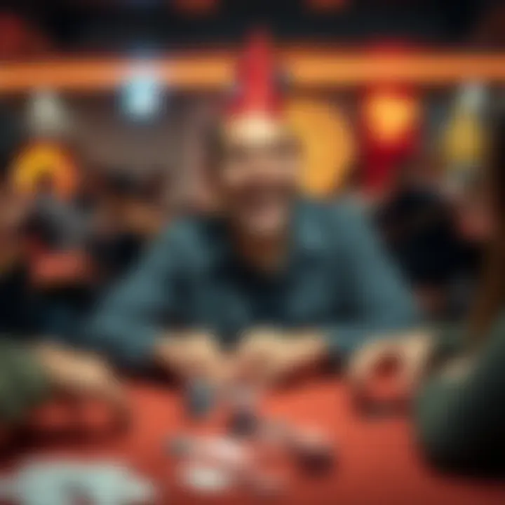 A player with a big smile at a poker table, preparing for a birthday poker game with friends, cards and chips in front of him.