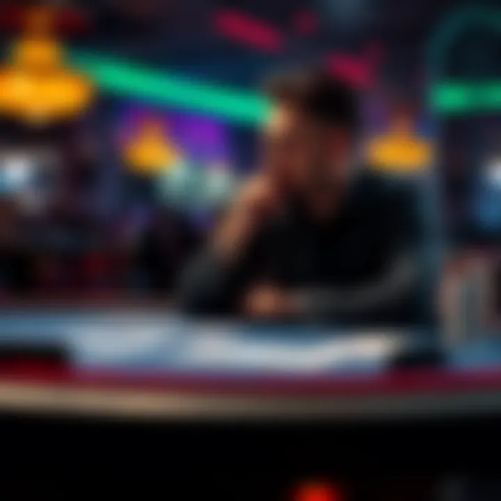 A poker player sitting at a table, thinking about whether to bluff in the final betting round with cards on the table.