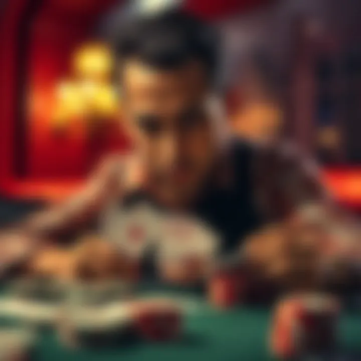 A poker player with a focused expression looking at his cards, considering bluff catching strategies with aces on the table.