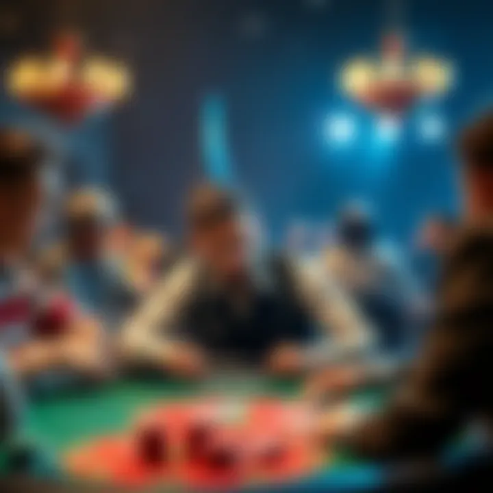 A poker player at a tense table, deciding on a high-stakes bet, surrounded by focused opponents.