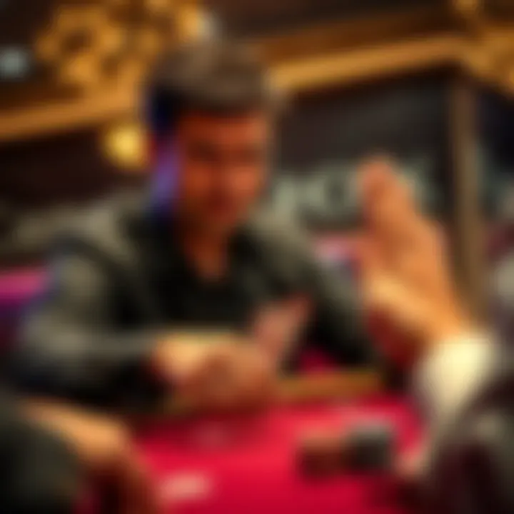 A poker player with a focused expression places a confident bet at the table, while an opponent with a hand showing an Ace looks surprised.
