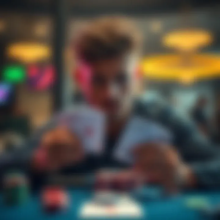 A poker player looks thoughtfully at their cards in a large pot situation with TPTK hand.