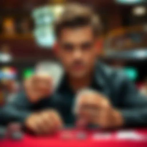 A poker player holding cards with a focused expression, set against a casino background.