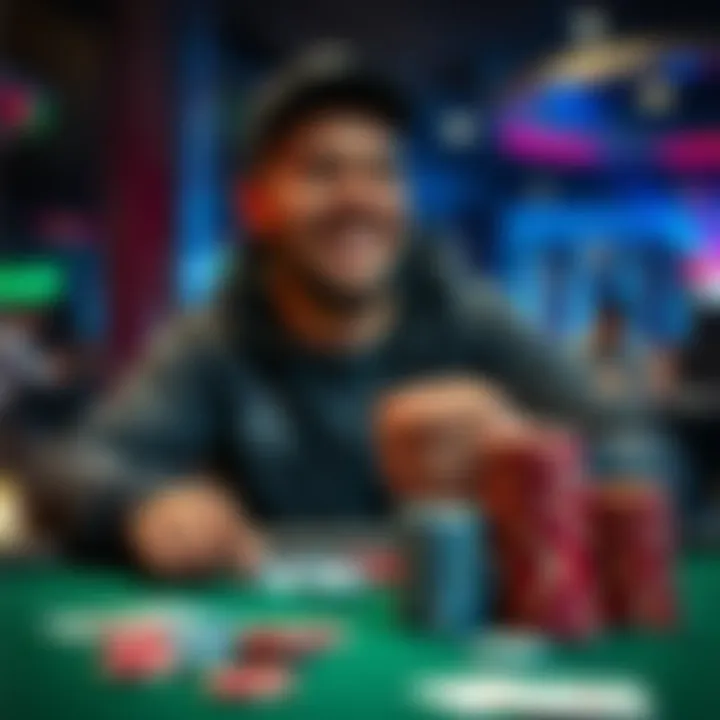 Player celebrating winnings at a poker table A poker player smiles as they count their chips, showcasing a successful gaming session with a stack of poker chips and cards at the table