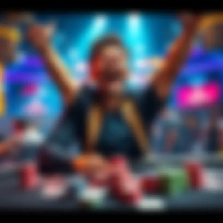 Poker Player Celebrating Big Win A poker player joyfully celebrating after winning 2.6 million at a tournament, surrounded by poker chips and cards on the table.