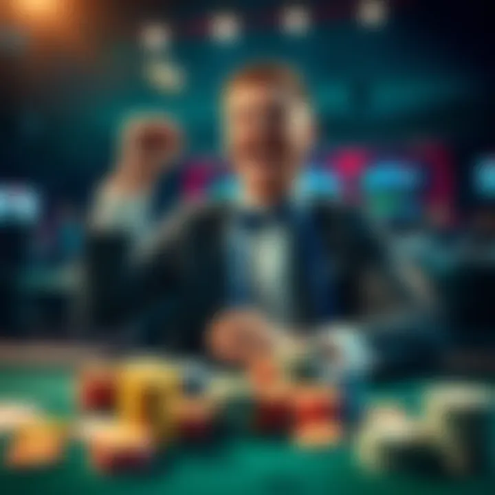 A poker player happily celebrating after winning a tournament, surrounded by poker chips and cards on a table.