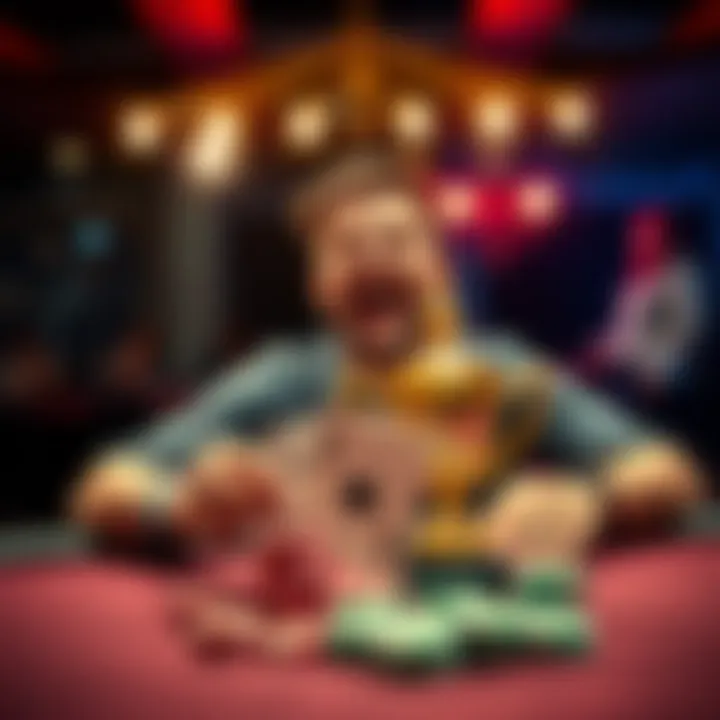 A poker player celebrating a tournament victory with a trophy and chips on the table