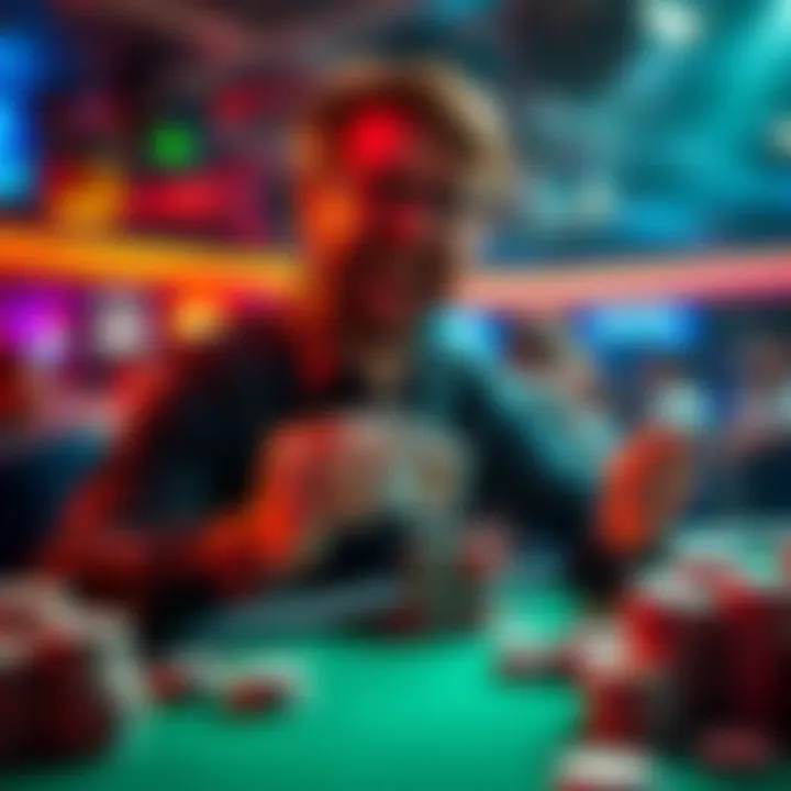 A happy poker player sitting at a table with cards and chips, showing excitement after winning money