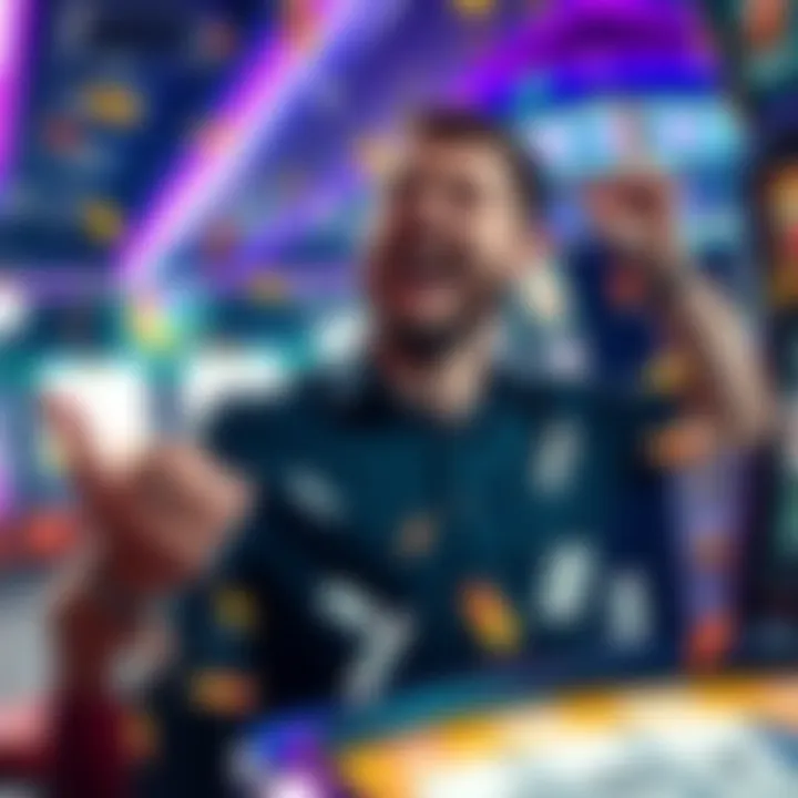 A poker player joyfully celebrating after a big win at a slot machine, surrounded by bright lights and colorful symbols.