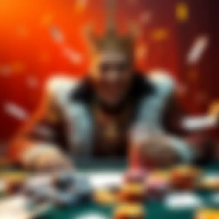 Poker Player Celebrating A poker player in royal attire celebrating a royal flush, surrounded by poker chips and cards, with a lively atmosphere.