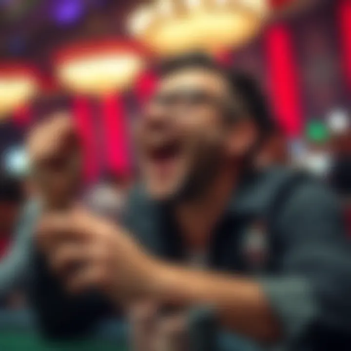 A poker player joyfully celebrating with poker chips after a near win at a tournament