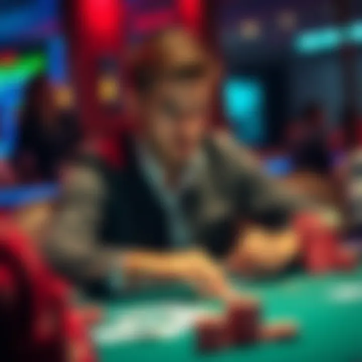 A focused poker player sitting at a table with chips and cards, aiming to turn a small bankroll into a large sum.