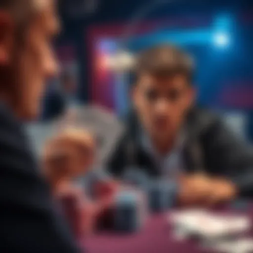 Poker Player Cheating Scene A poker player looking nervous as he reveals his hand with a shocked opponent watching, chips stacked high on the table, cards laid out in front.