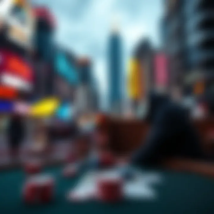 Poker Player in City Setting A poker player sitting at a table in a vibrant city, engaged in a game of PLO.