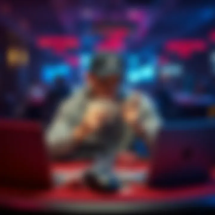 Poker player considering coaching options A poker player sitting at a table looking thoughtful while holding cards, surrounded by chips and a laptop, weighing the decision of coaching or playing independently.