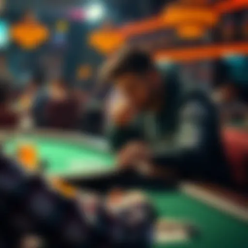 A focused poker player sitting at a table with a drink and healthy snacks, adjusting the lighting while playing in a long tournament.
